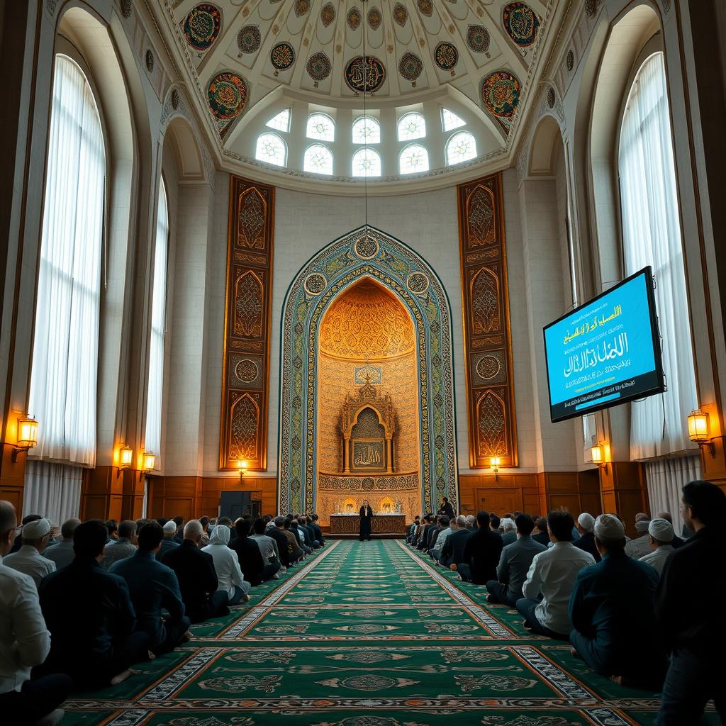 An interior view of a mosque featuring a blend of modern and traditional design, highlighted by a stunning mihrab adorned with Iranian Islamic tile work at the center
