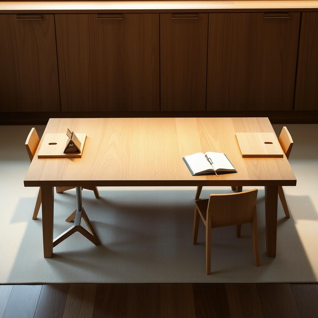 A rectangular table showcasing four short and relatively small wooden study stands