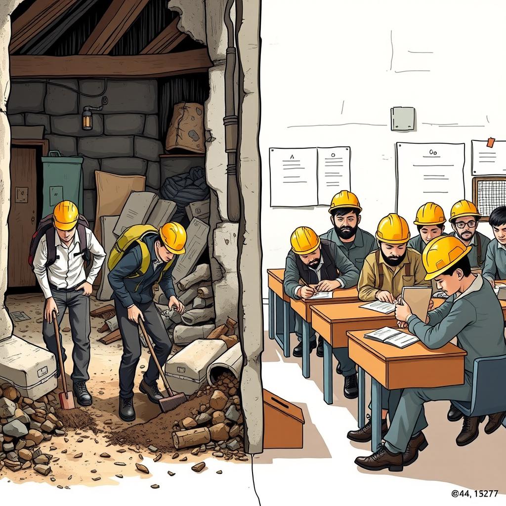 A realistic illustration depicting the unique blend of Tehran University and an old workshop