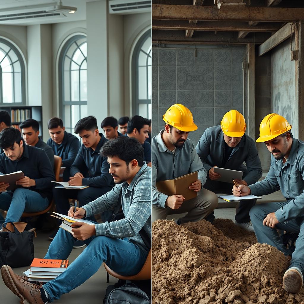 A split scene showcasing a university setting on one side and a workshop on the other