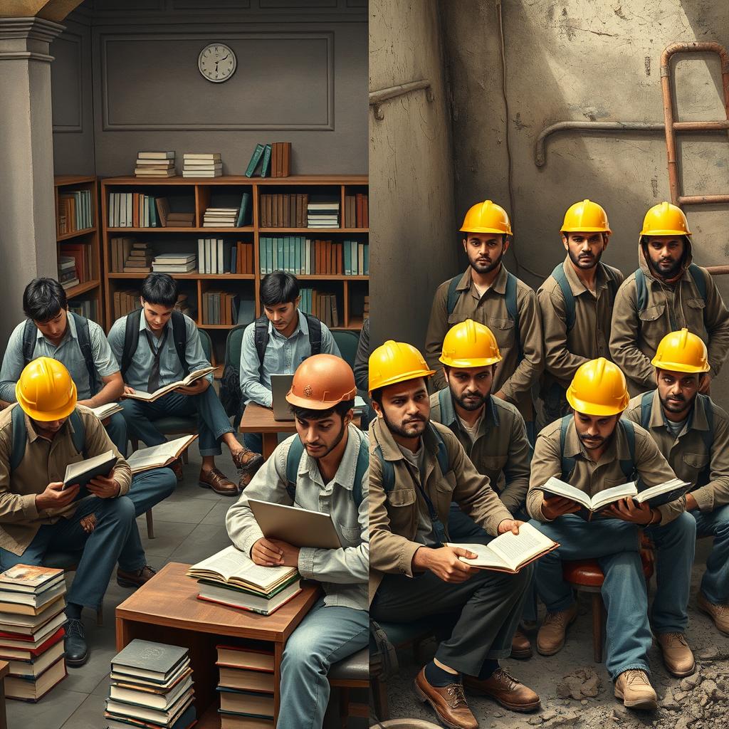 A visually striking split scene depicting a university environment on one side and an old workshop on the other
