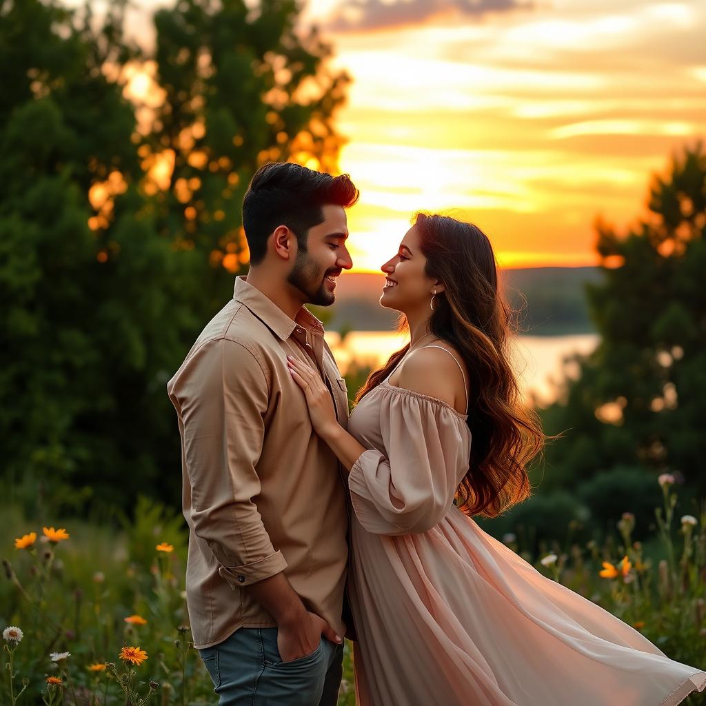 A romantic scene featuring two lovers, Peyman and Donya, set in a beautiful outdoor environment