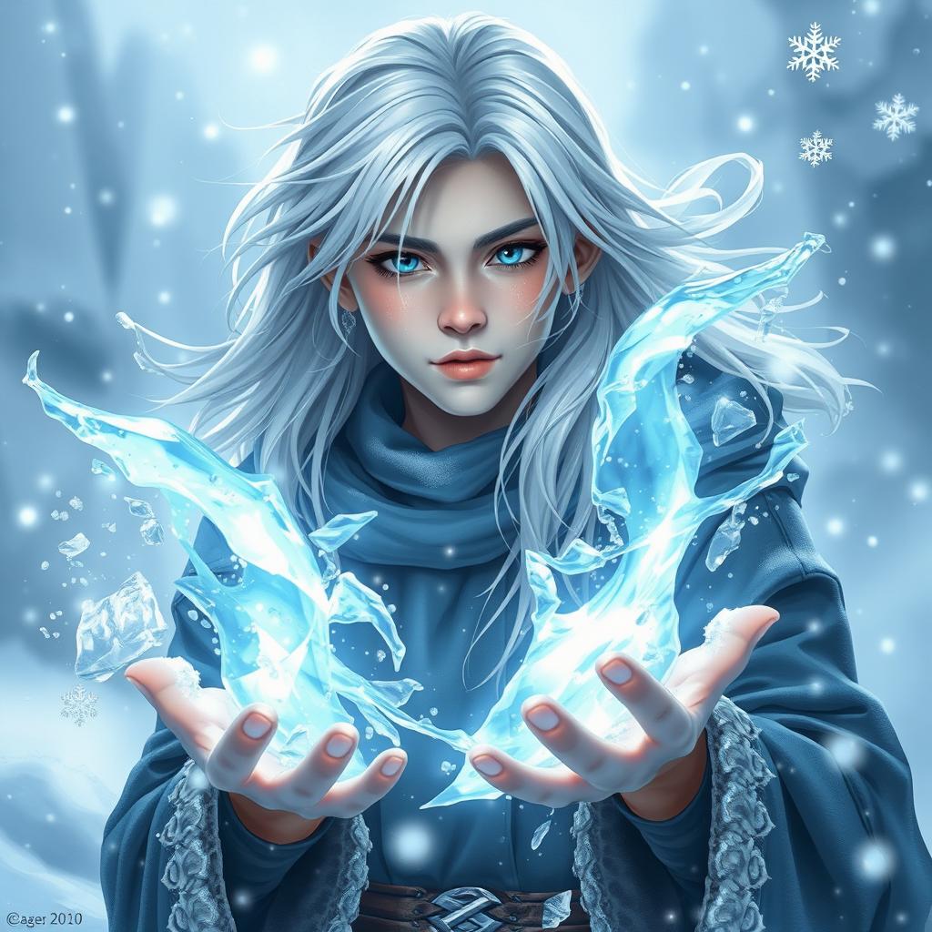 A young ice wizard aged 20, with powerful ice magic emanating from his bare hands, surrounded by swirling snowflakes and frost