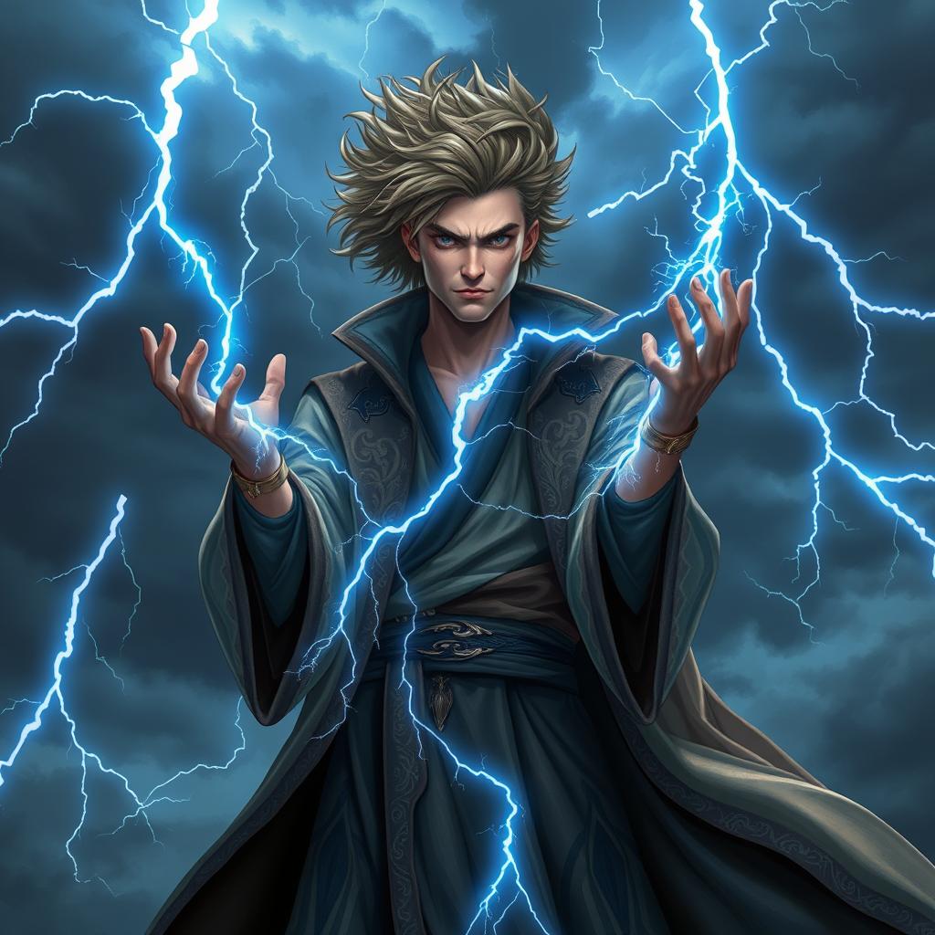 A 20-year-old lightning wizard standing confidently, conjuring blue lightning bolts with his bare hands
