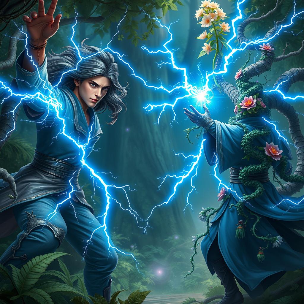 A dynamic battle scene featuring a young male lightning wizard, approximately 20 years old, conjuring vibrant blue lightning with his bare hands