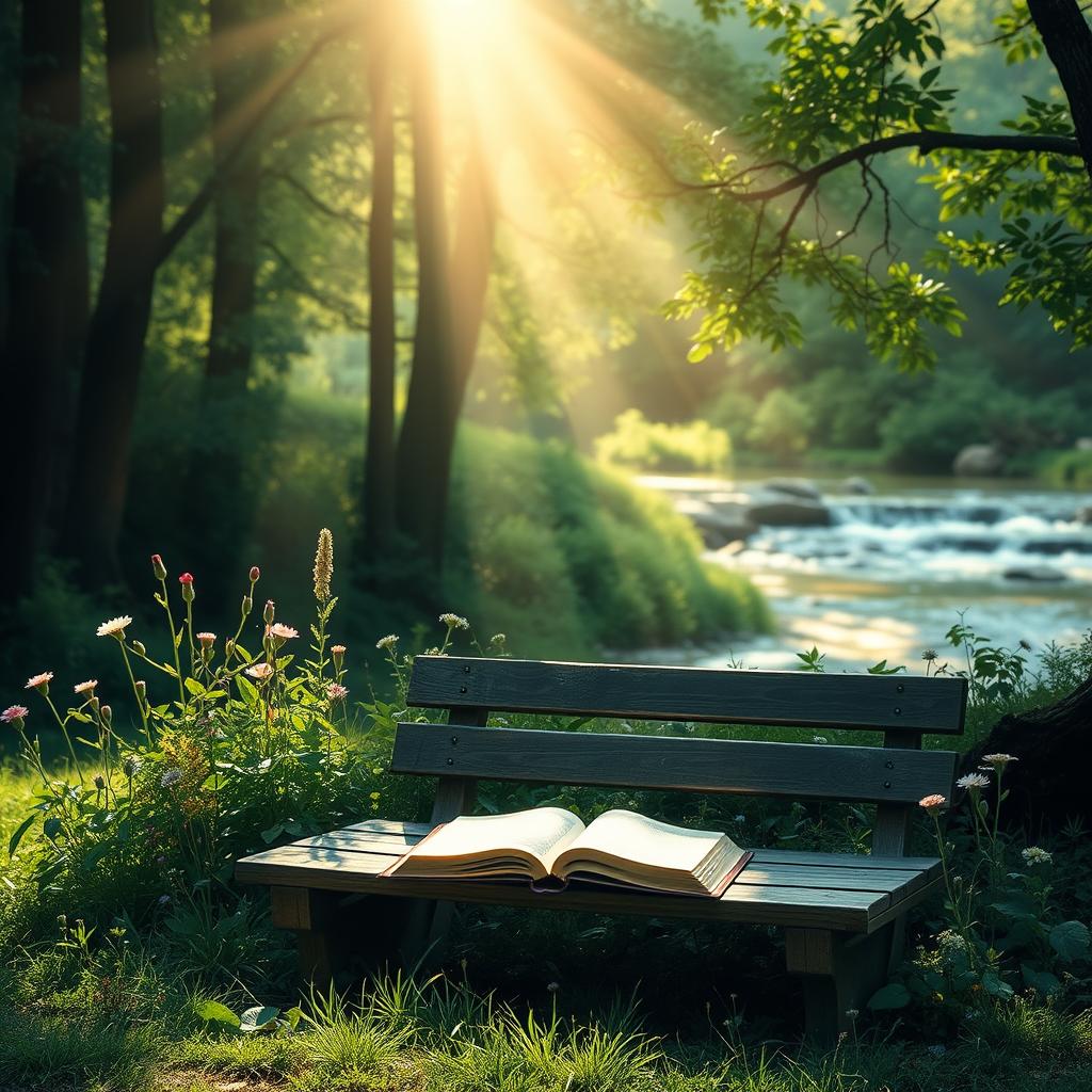 A serene, peaceful devotional scene depicting a soft light filtering through trees, illuminating a quiet space for prayer and reflection