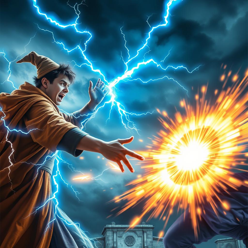 A dynamic scene depicting a 20-year-old lightning wizard with bright blue lightning crackling around his body, engaged in an epic battle against a wizard controlling radiant light