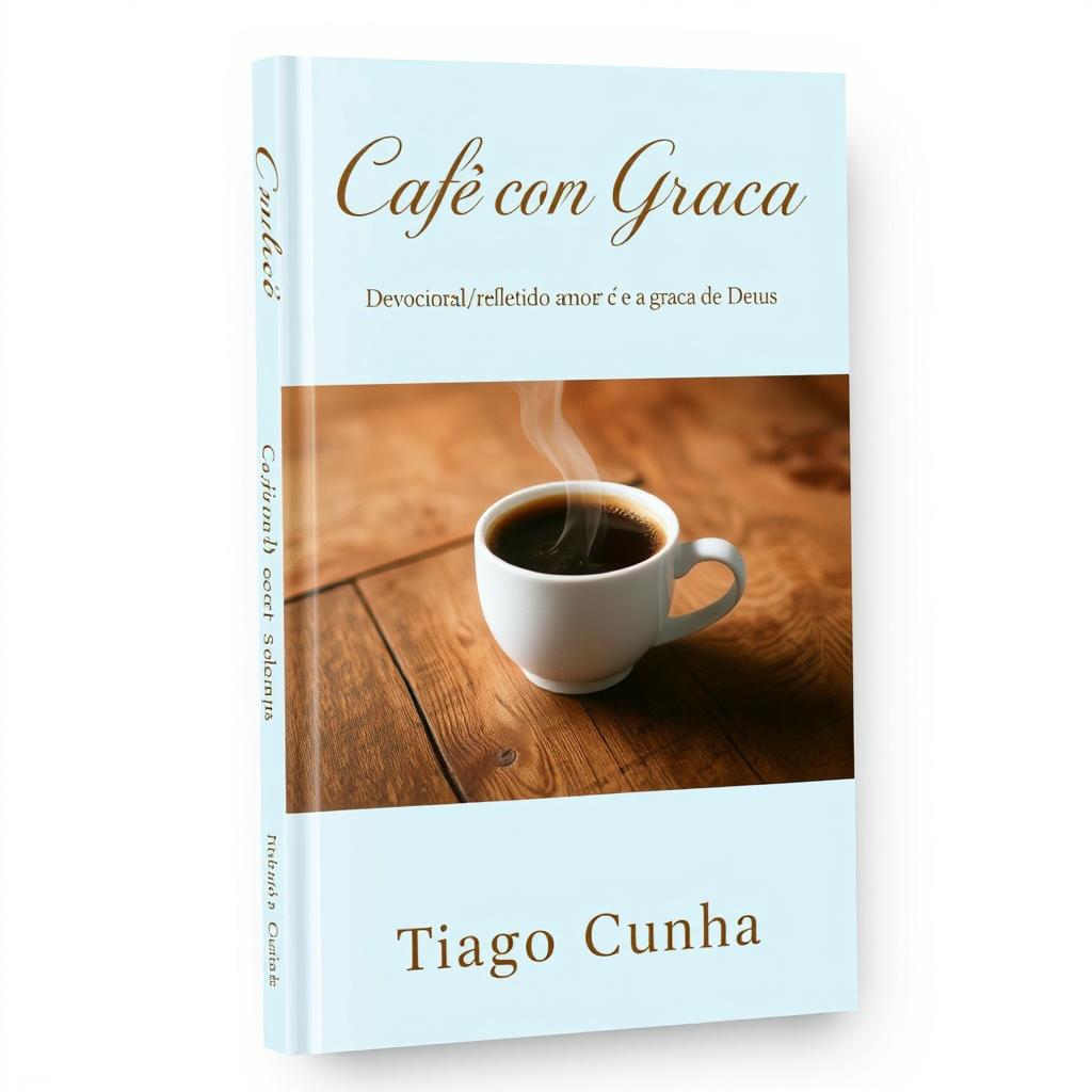 A serene book cover design for 'Café com Graça' featuring a soft light blue background