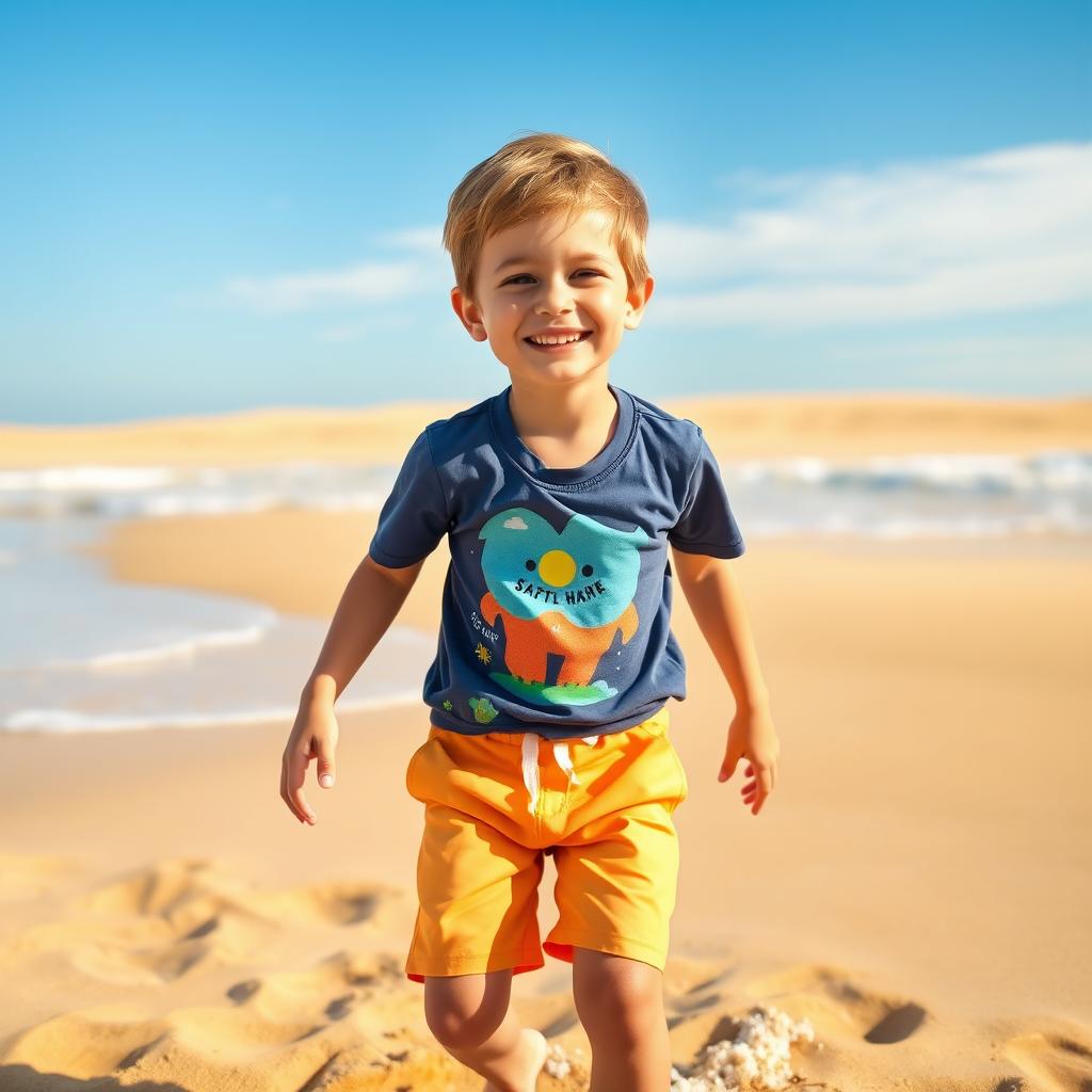 A scene featuring a playful, cheerful setting with a young boy, around 12 years old, wearing bright summer shorts and a fun t-shirt, enjoying a sunny day at the beach