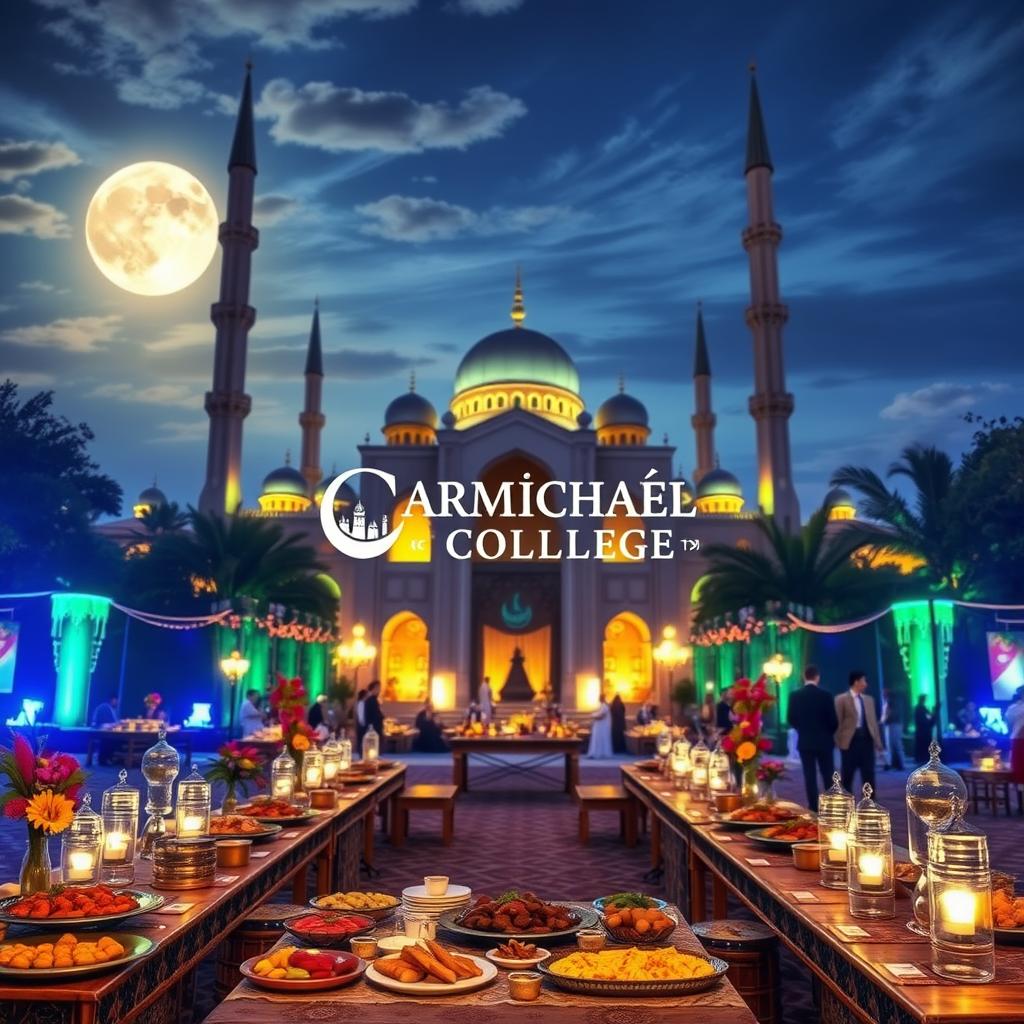 A grand iftar party scene at Carmichael College, featuring an enchanting Islamic theme with a majestic mosque in the background, embellished with beautiful moonlit skies and striking decorative lighting