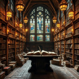 A grand ancient library filled with towering bookshelves, covered in intricate carvings and gold leaf
