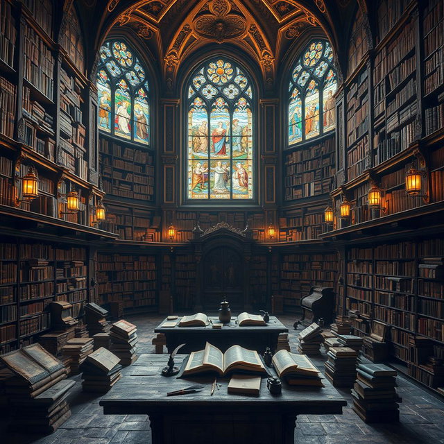 A grand ancient library filled with towering bookshelves, covered in intricate carvings and gold leaf
