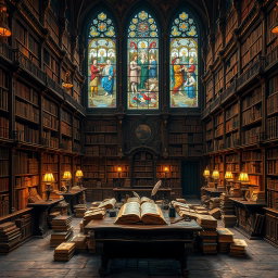 A grand ancient library filled with towering bookshelves, covered in intricate carvings and gold leaf