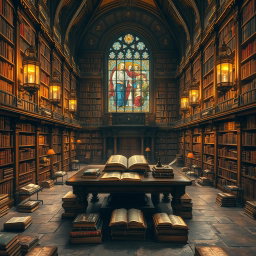 A grand ancient library filled with towering bookshelves, covered in intricate carvings and gold leaf