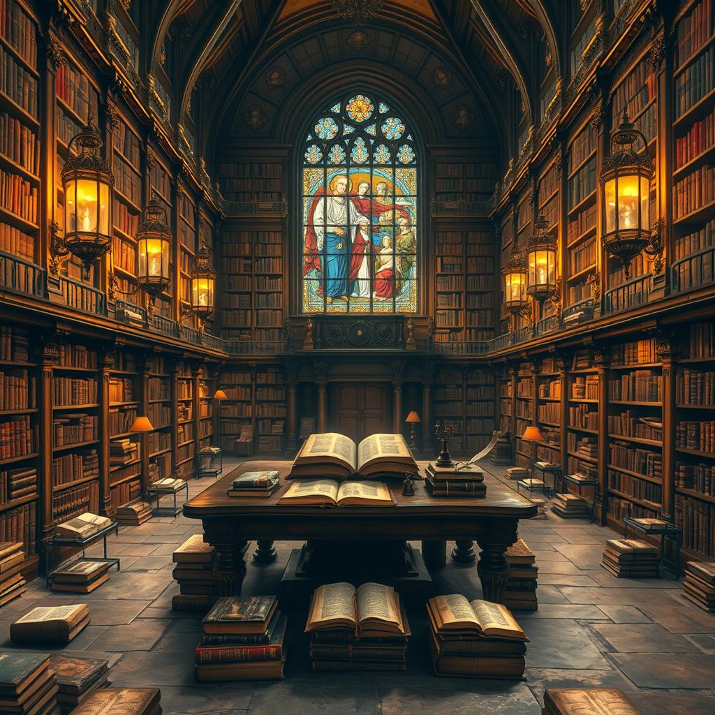 A grand ancient library filled with towering bookshelves, covered in intricate carvings and gold leaf