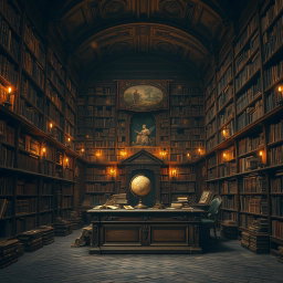 An ancient library filled with towering wooden shelves that are overflowing with old, leather-bound books