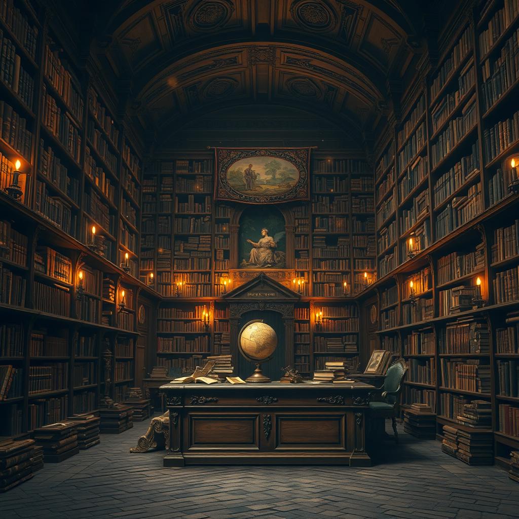 An ancient library filled with towering wooden shelves that are overflowing with old, leather-bound books