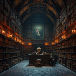 An ancient library filled with towering wooden shelves that are overflowing with old, leather-bound books