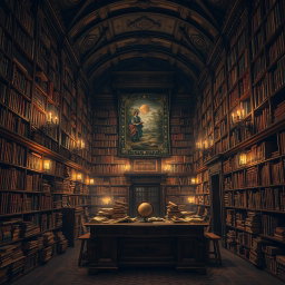 An ancient library filled with towering wooden shelves that are overflowing with old, leather-bound books