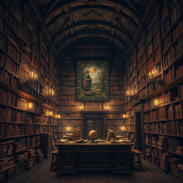An ancient library filled with towering wooden shelves that are overflowing with old, leather-bound books