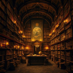 An ancient library filled with towering wooden shelves that are overflowing with old, leather-bound books