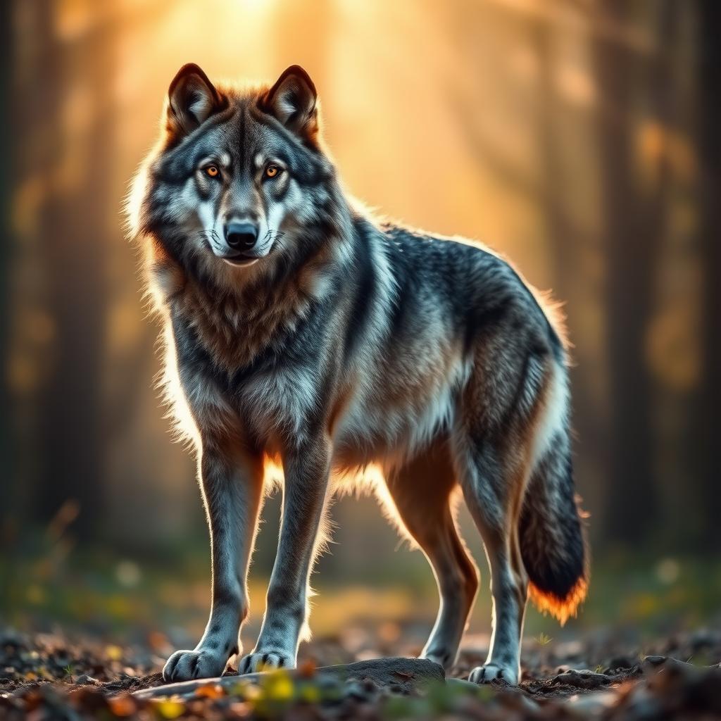 A striking and majestic wolf standing proud in its natural habitat, showcasing its thick fur, piercing eyes, and powerful physique