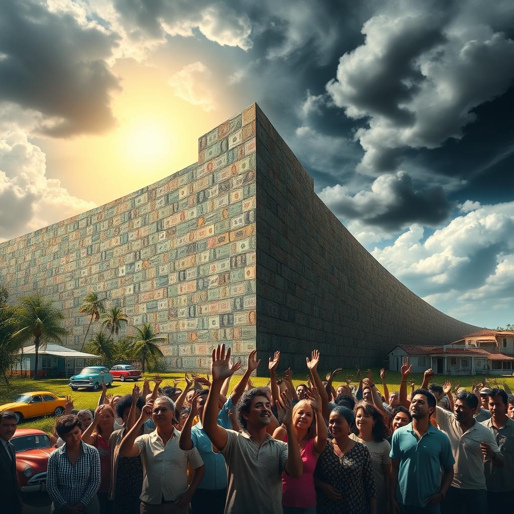 An allegoric representation of the economic blockade of Cuba by the United States, featuring a large, symbolic wall made of various currency notes and coins, towering over an idyllic Cuban landscape with iconic elements such as palm trees, vintage cars, and vibrant buildings