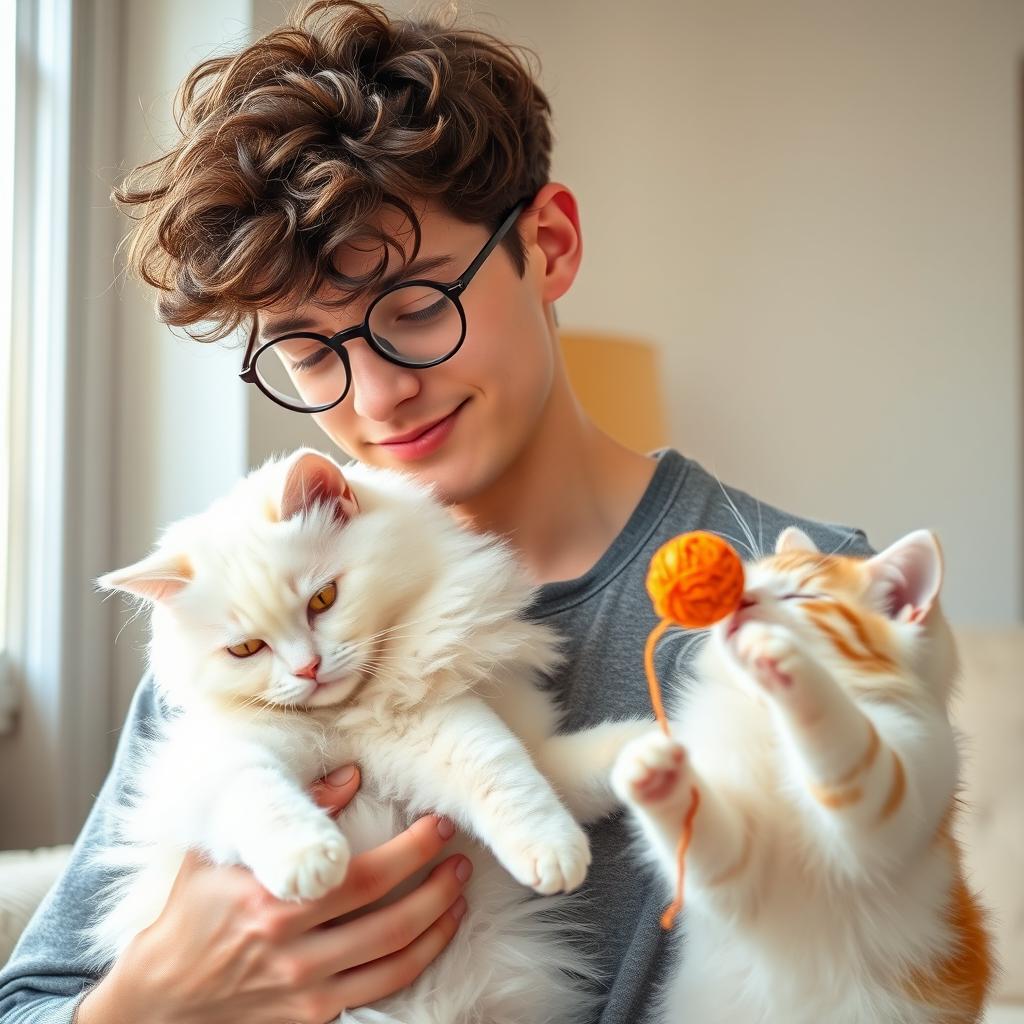 A young man in his early 20s, with a skinny build and curly hair, wearing stylish round glasses