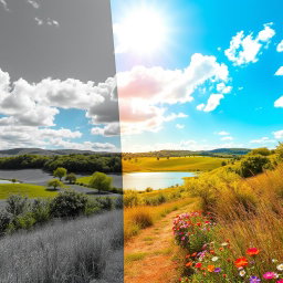 A captivating transformation of a black and white image into a vibrant color photograph