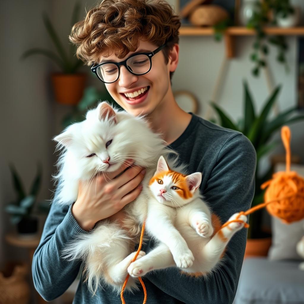 A young man in his early 20s with a skinny frame and curly hair, wearing round glasses