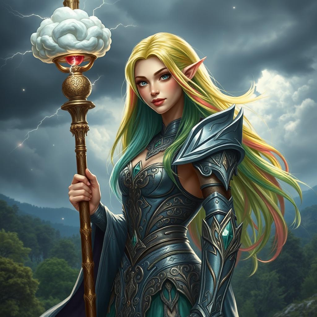A stunning female Eladrin Tempest Cleric, characterized by her ethereal beauty and vibrant features