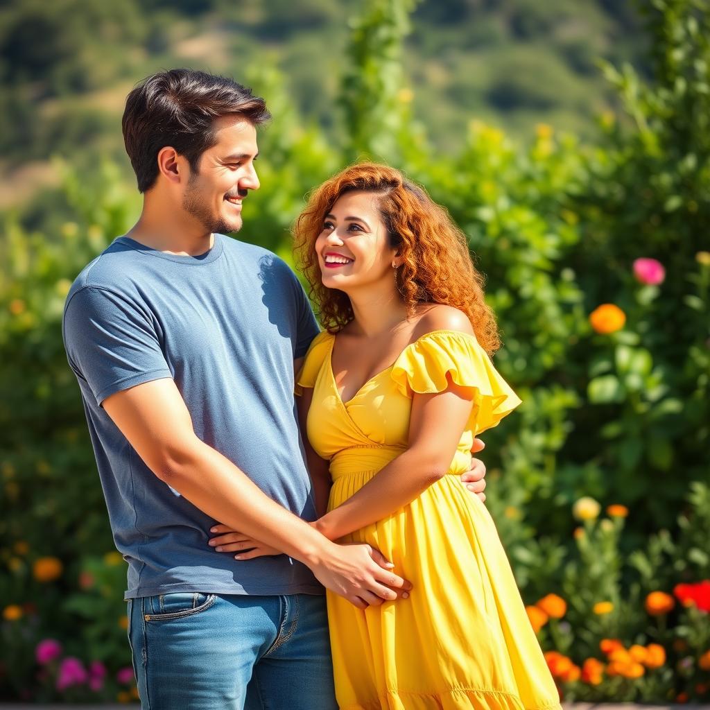Two people standing together in a scenic outdoor setting, with bright sunlight illuminating their faces and a backdrop of lush greenery and colorful flowers