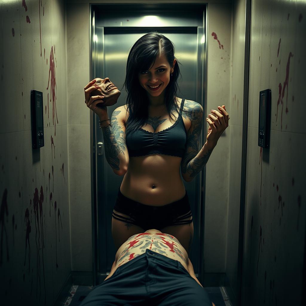 A chilling scene featuring a young woman with edgy tattoos, standing in a dimly lit elevator surrounded by splatters of blood