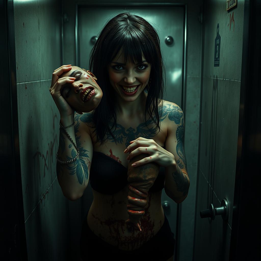 A chilling scene in a dimly lit elevator, featuring a female serial killer with striking tattoos adorning her arms and body, holding a severed head in one hand