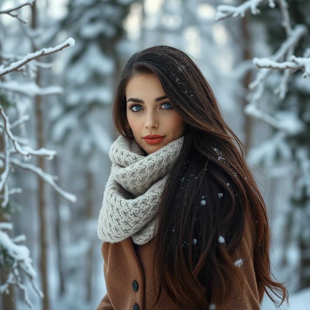 A beautiful Russian woman with long flowing dark hair and striking blue eyes, dressed in a fashionable winter outfit, enjoying a snowy landscape