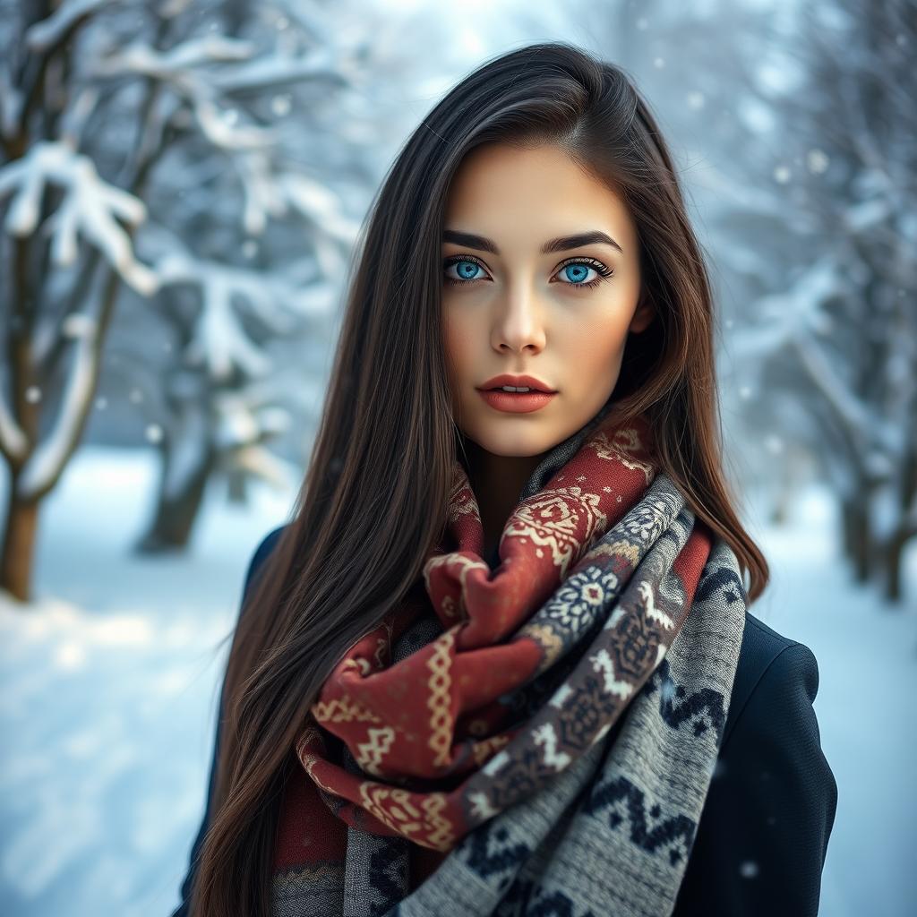 A beautiful Russian woman with striking features, sporting long dark hair and captivating blue eyes