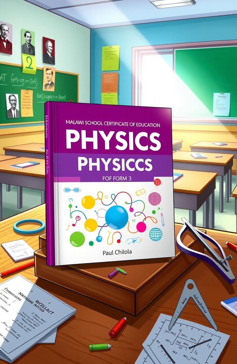 A vibrant and educational illustration showcasing the 'Malawi School Certificate of Education Physics Workbook for Form 3' authored by Paul Chilola