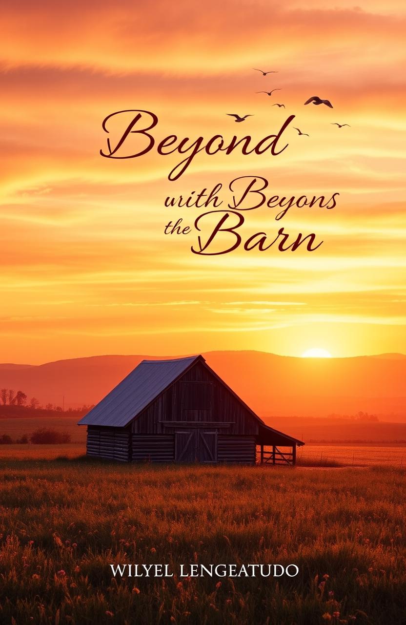 A captivating book cover titled 'Dreams Beyond the Barn,' featuring a serene rural landscape at sunset, with a charming rustic barn in the foreground
