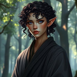 A tall elf monk with dark brown curly hair and striking lilac eyes, exuding a serious serenity in her expression