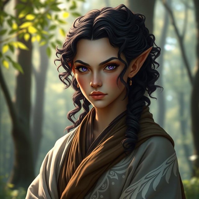 A tall elf monk with dark brown curly hair and striking lilac eyes, exuding a serious serenity in her expression