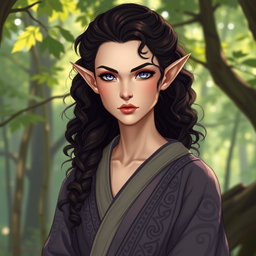 A tall elf monk with dark brown curly hair and striking lilac eyes, exuding a serious serenity in her expression