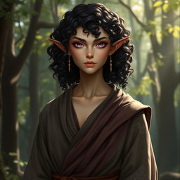 A tall elf monk with dark brown curly hair and striking lilac eyes, exuding a serious serenity in her expression