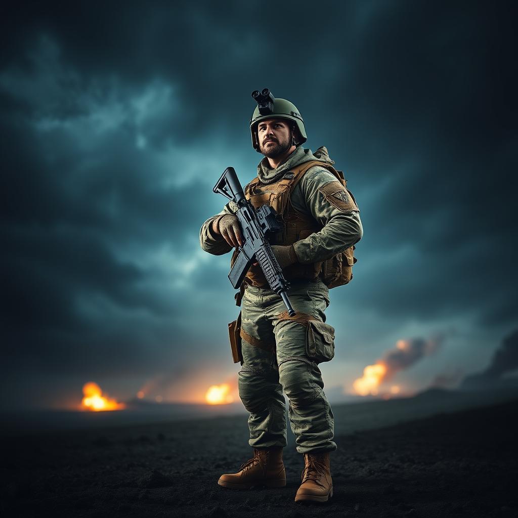 A military-themed image featuring a powerful and imposing soldier standing confidently in full camouflage gear