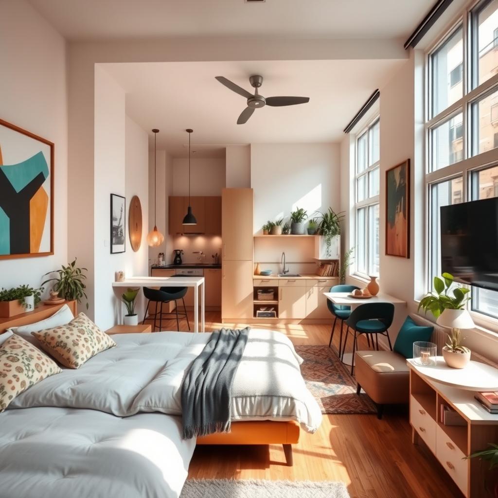 A cozy and stylish monoambiente (studio apartment), featuring a comfortable bed, a compact kitchen area, and a small dining space