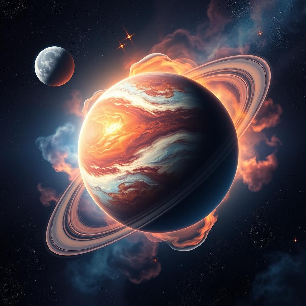 A stunning and vibrant depiction of a distant planet in outer space, showcasing its unique features such as swirling clouds, rich colors, and intricate surface details