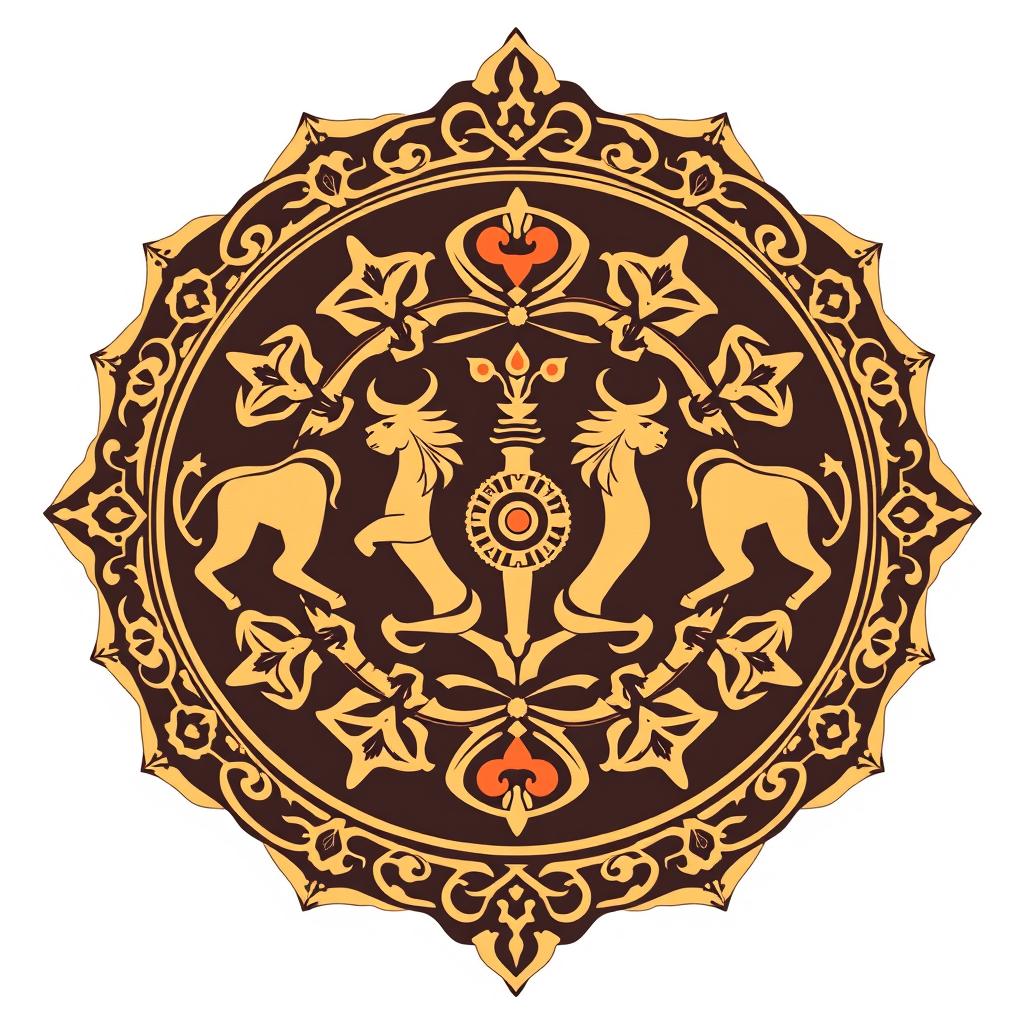 A stunning logo inspired by the Achaemenid era of ancient Iran, featuring intricate patterns, symbolic motifs, and a rich color palette reflecting ancient Persian art