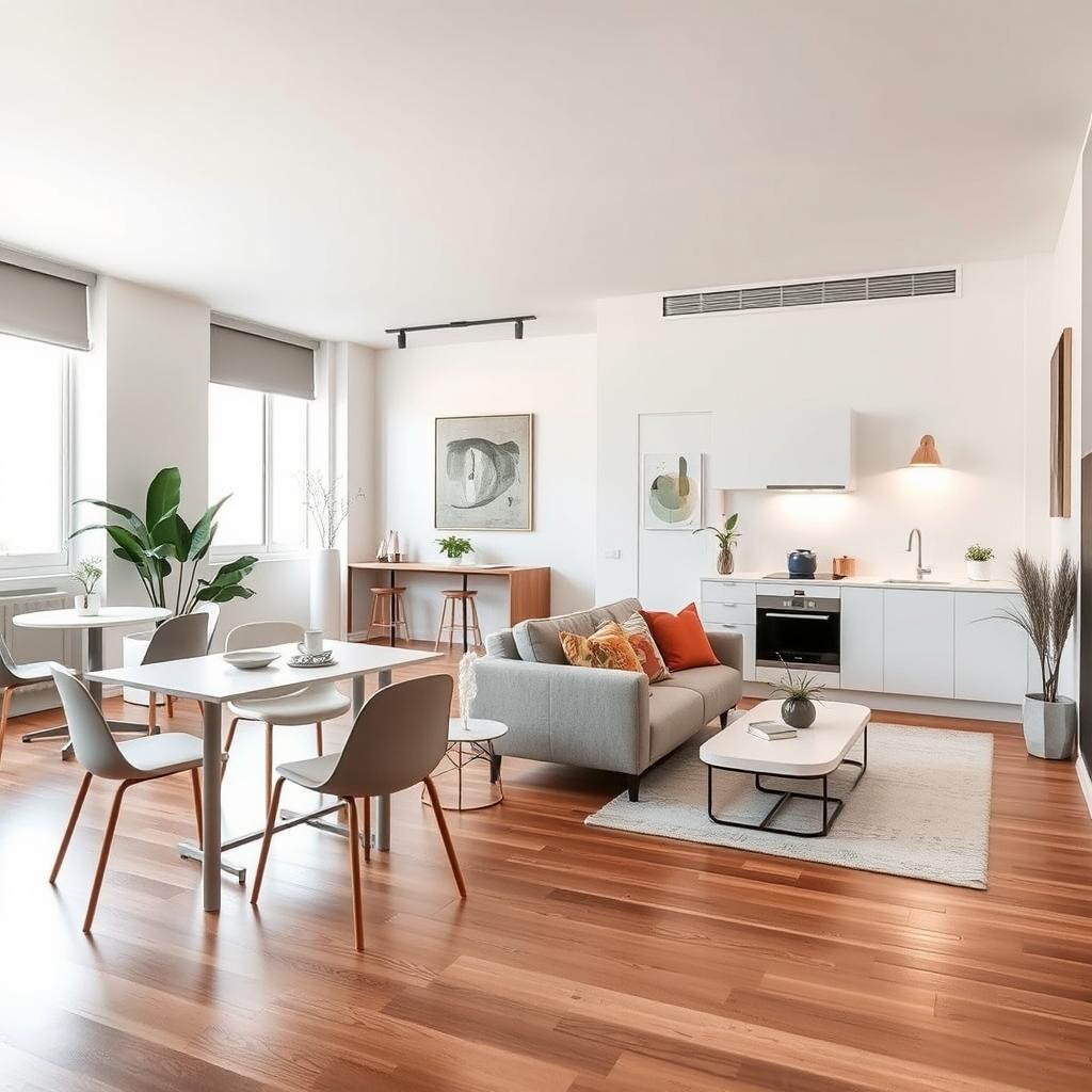 A beautifully designed interior of a modern studio apartment, showcasing a minimalist and aesthetic approach