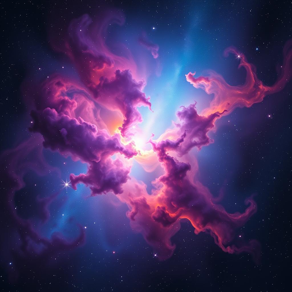 A stunning nebula in deep space, showcasing vibrant colors like deep purples, blues, and fiery oranges swirling together