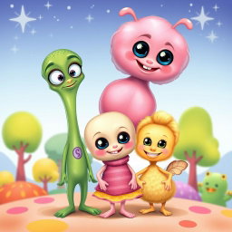 A charming caricature of a cute alien family of three, featuring playful and exaggerated characteristics