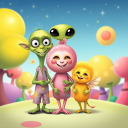 A charming caricature of a cute alien family of three, featuring playful and exaggerated characteristics